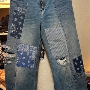 Patched free people flare jeans support comfy